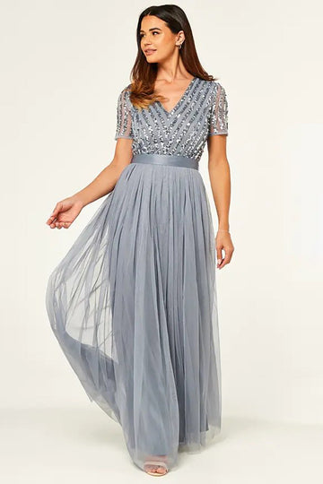 Sparkly V-Neck Grey Formal Dress with Short Sleeves